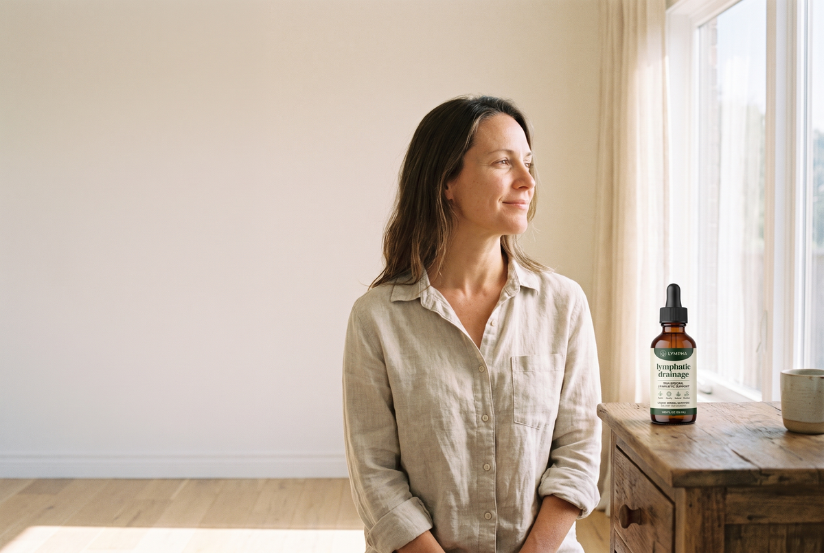 Woman in morning light with Lympha on the nightstand