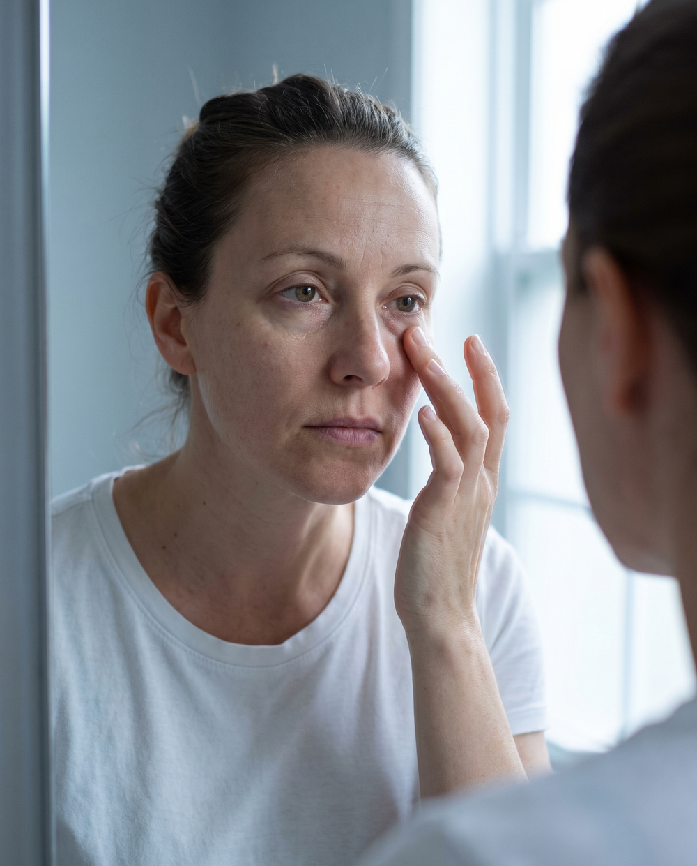 Woman checking under-eye puffiness in the morning mirror