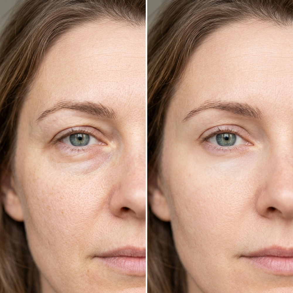 Illustration of possible results using a model — under-eye bags before and after