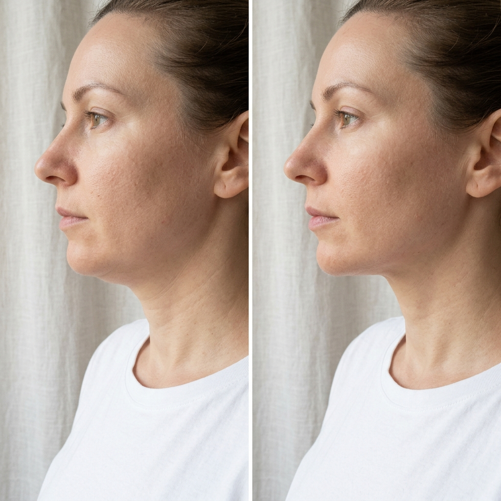 Illustration of possible results using a model — jawline and neck fullness before and after