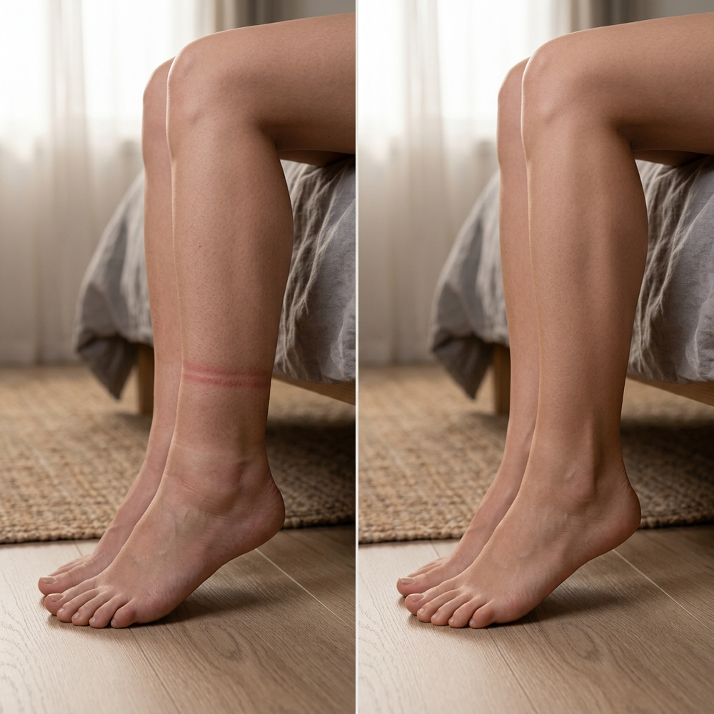 Illustration of possible results using a model — calf swelling and sock line before and after